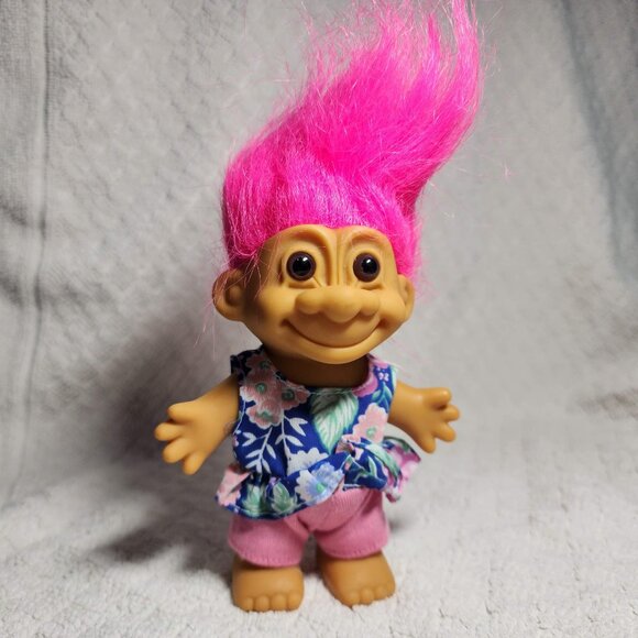 Vintage Troll Girl Summer floral outfit pink pants and PINK hair - Picture 1 of 3